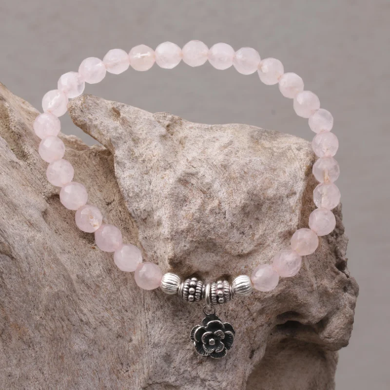 Best bangle bracelets with pastel enamel for a soft and delicate aesthetic-Still Rose Rose Quartz and Flower Charm Beaded Bracelet from Bali