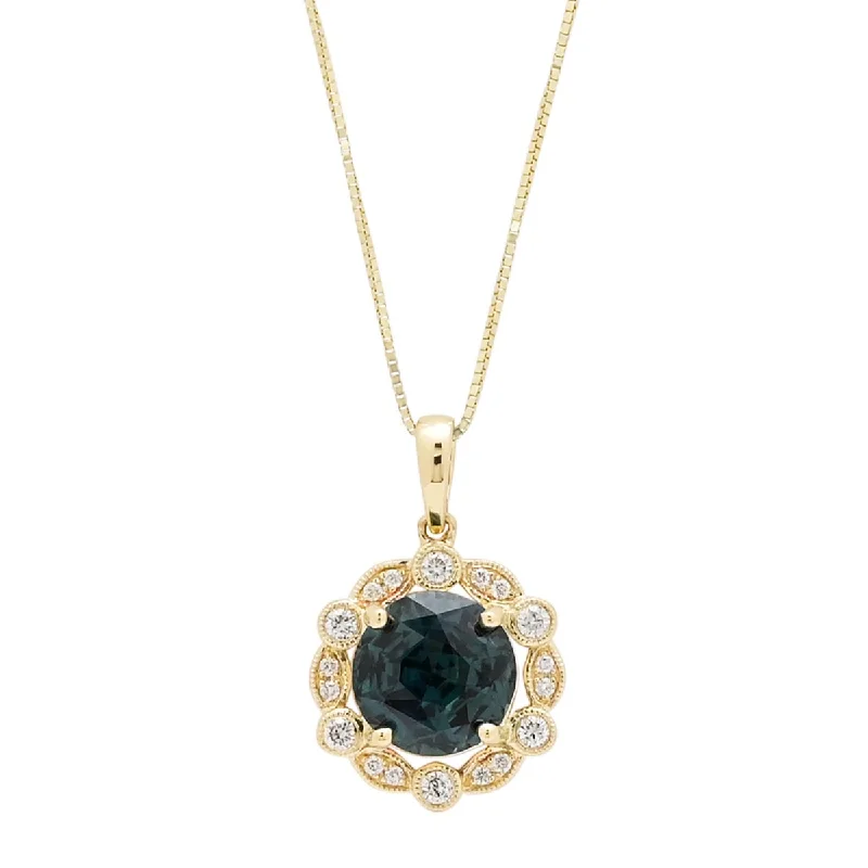 Stylish necklaces and pendants with diamonds for a glamorous and elegant look-Teal Sapphire Necklace in 14kt Yellow Gold with Diamonds (1/7ct tw)