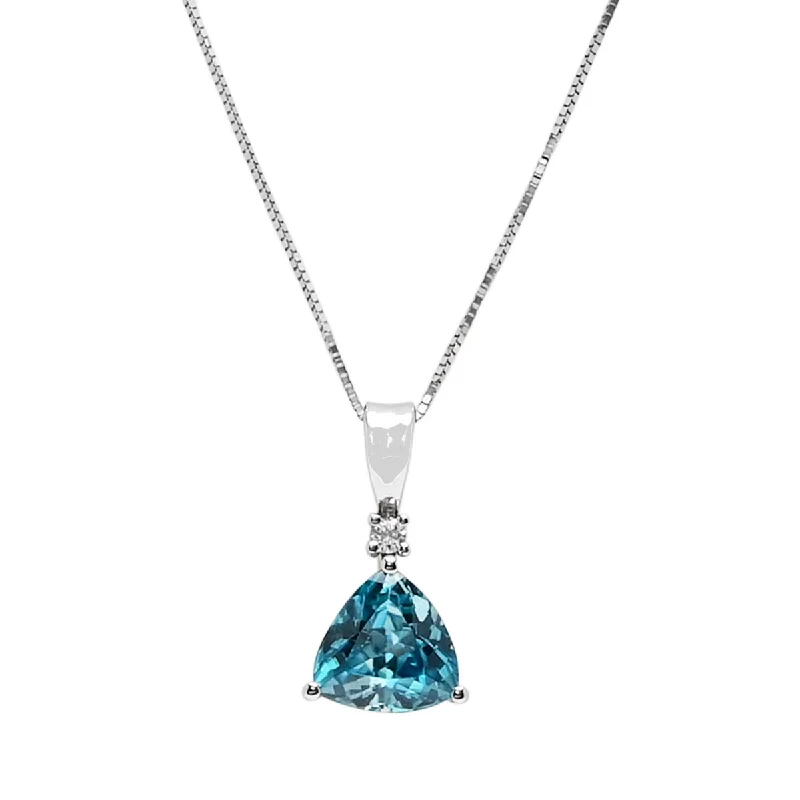 Best necklaces and pendants with silver chains for a sleek, timeless look-Trillion Cut Blue Zircon Necklace in 14kt White Gold with Diamond (.02ct)