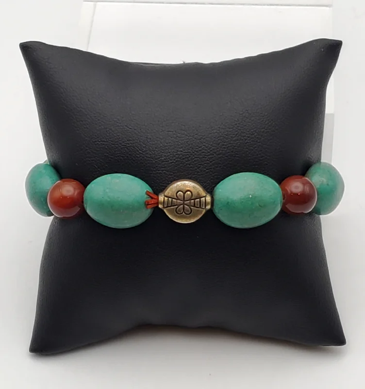 Bangle bracelets with open-ended designs for a modern and adjustable fit-Turquoise, Carnelian and Brass Beaded Stretch Bracelet