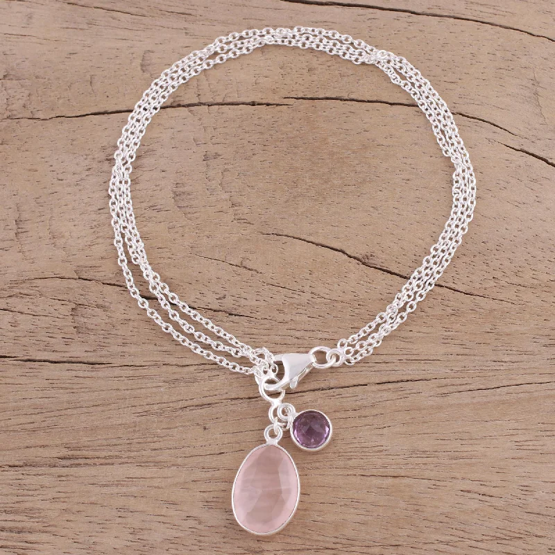 Bangle bracelets with polished marble inlays for a chic and trendy appearance-Twinkling Harmony Silver Rose Quartz Amethyst Bracelet