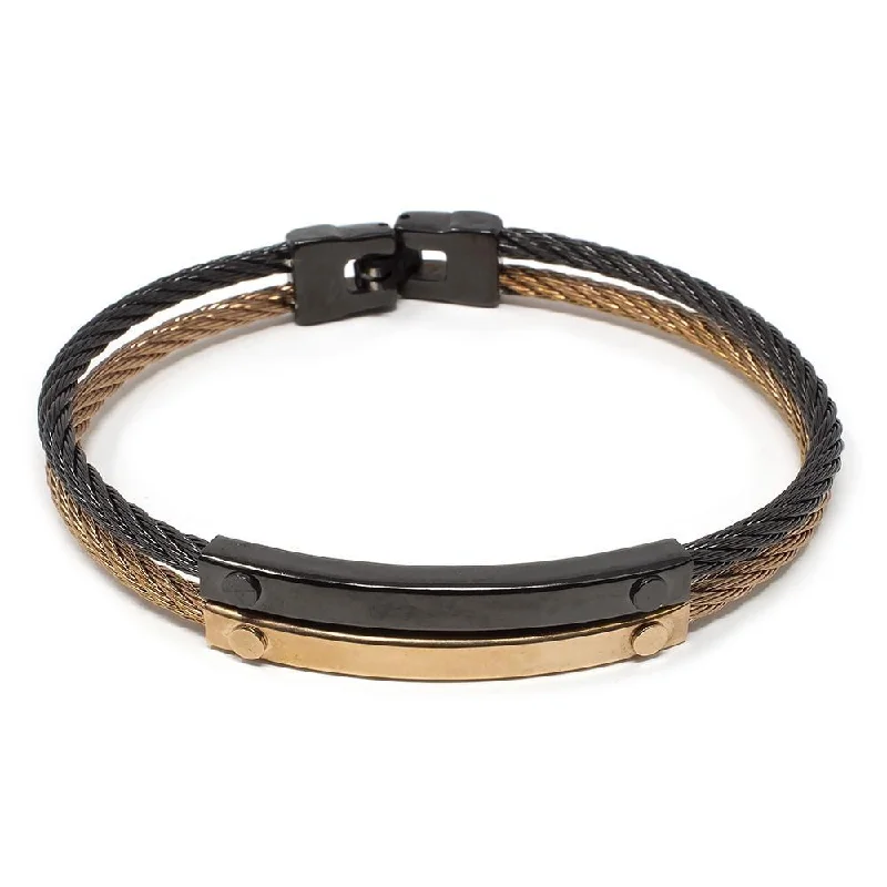 Best bangle bracelets with enamel detailing for a colorful and unique design-Two Tone Stainless Steel Double Wire Bangle Black and Rose Gold Tone