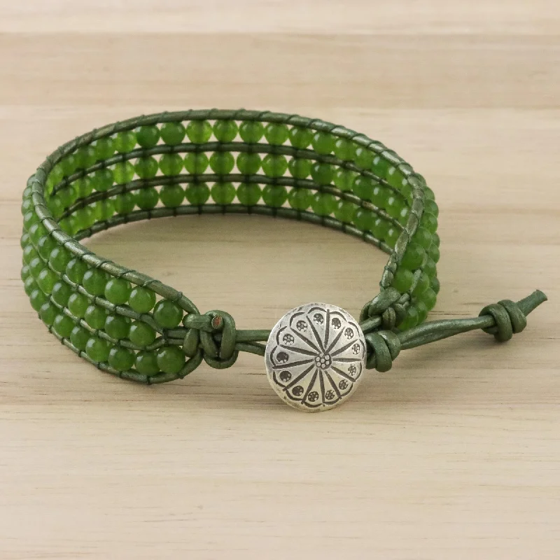 Best bangle bracelets with adjustable sizes for a comfortable and perfect fit-Verdant Field Green Quartz and Karen Silver Button Wristband Bracelet