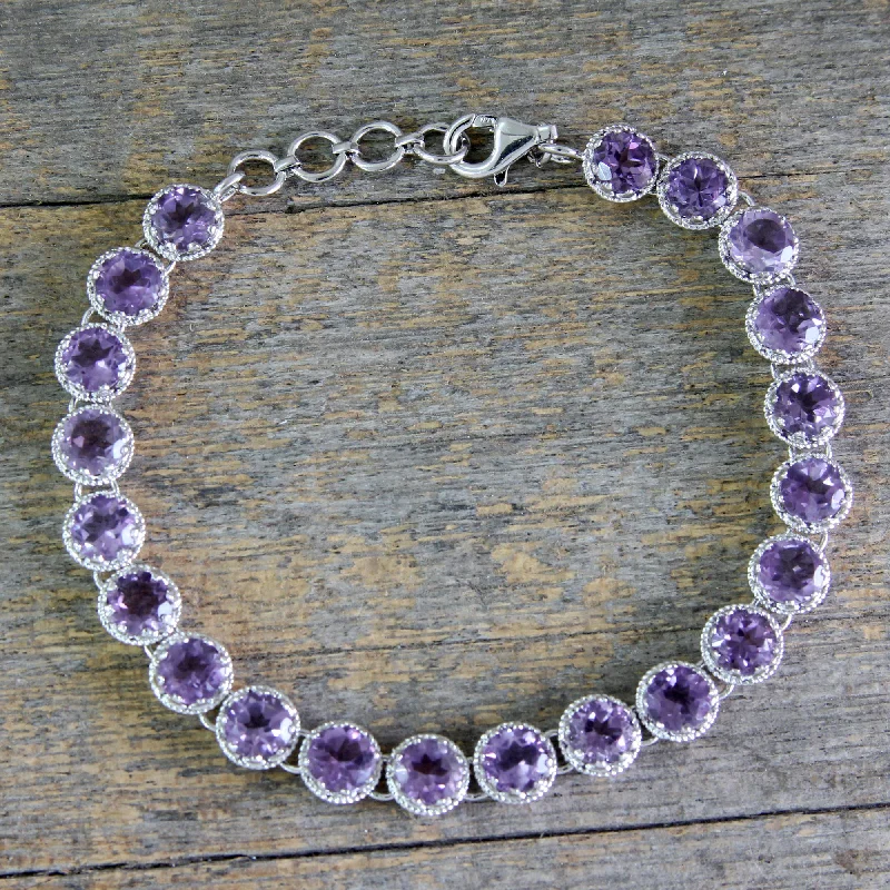 Colorful bangle bracelets with enamel details for a playful and youthful style-Violet Enchantment Artisan Handcrafted Silver Tennis Bracelet with 21 Amethysts