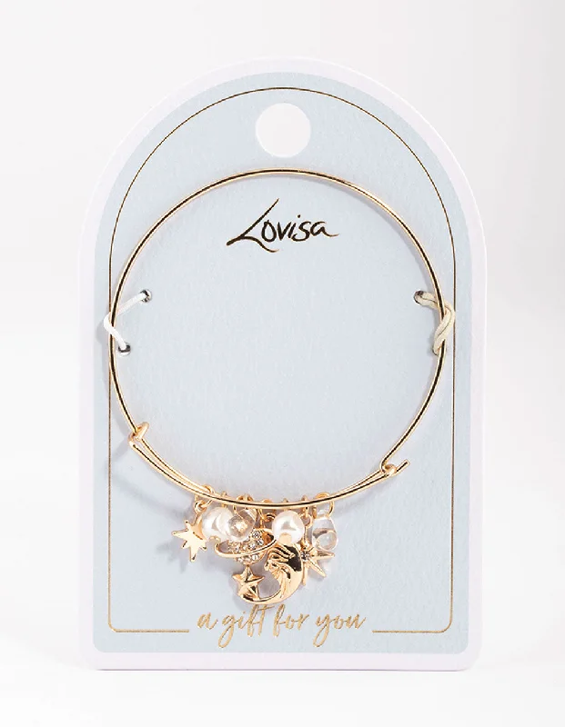 Classic bangle bracelets with pearl embellishments for a feminine and classic touch-Gold Pearl & Celestial Bangle