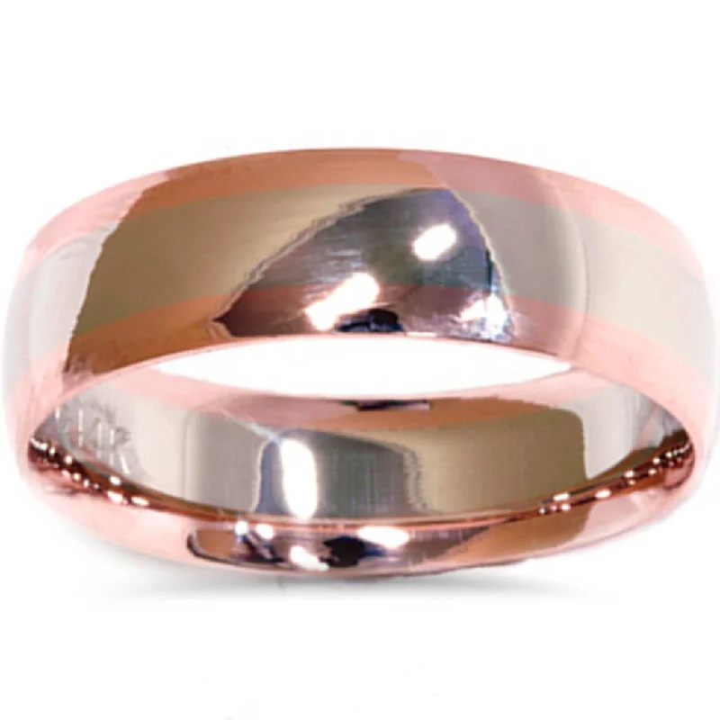 Rings with twisted rose gold band designs -White & Rose Gold Plain High Polished Wedding Band 14K