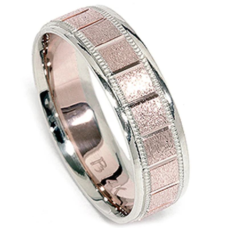 Rings with pink sapphire for delicate charm -White & Rose Gold Textured Milgrain 6mm Wedding Band