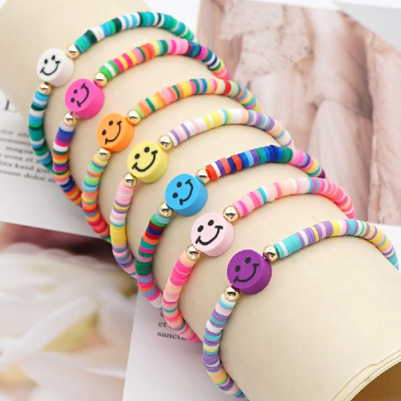 Best bangle bracelets with hand-crafted details for a unique and artisanal touch-Wholesale 4mm rainbow polymer clay beaded multi-color smiley couple Bracelet