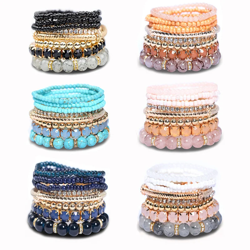 Elegant bangle bracelets with diamonds for a luxurious and sparkling accessory-Wholesale Bohemian Glass Beads Layered Bracelet Set