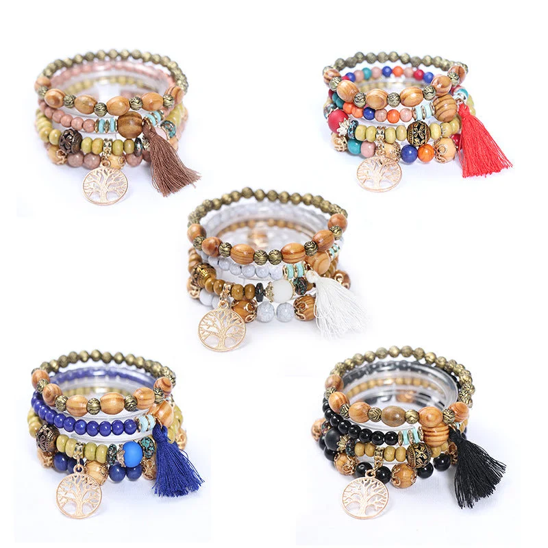 Wide bangle bracelets with boho-inspired patterns for a free-spirited design-Wholesale Bohemian Tassel Multilayer Wooden Beads Bracelet