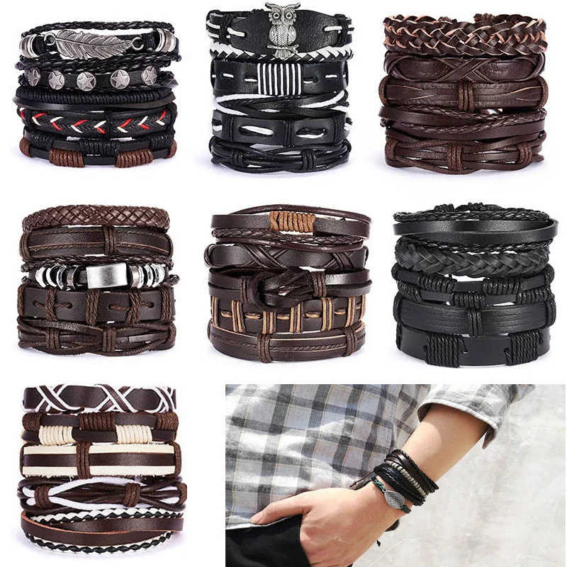 Best bangle bracelets with stacked designs for a trendy and fashionable look-Wholesale Leaves Wooden Beads Weaving Leather Adjustable Set Bracelet