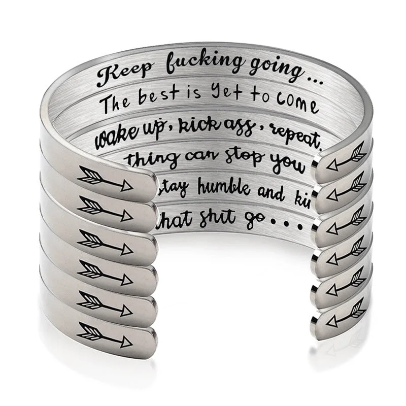 Best bangle bracelets with minimalist geometric designs for a contemporary, edgy look-Wholesale Stainless Steel C-Shape Opening Lettering KEEP FUCKING GOING Bracelet