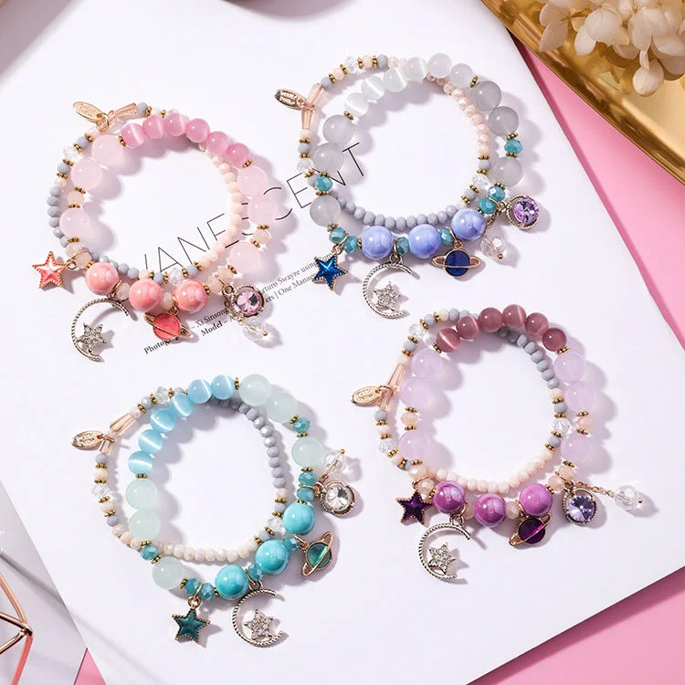 Best bangle bracelets with animal motif designs for a quirky, fun accessory-Wholesale Star Moon Opal Glass Beads Bracelet