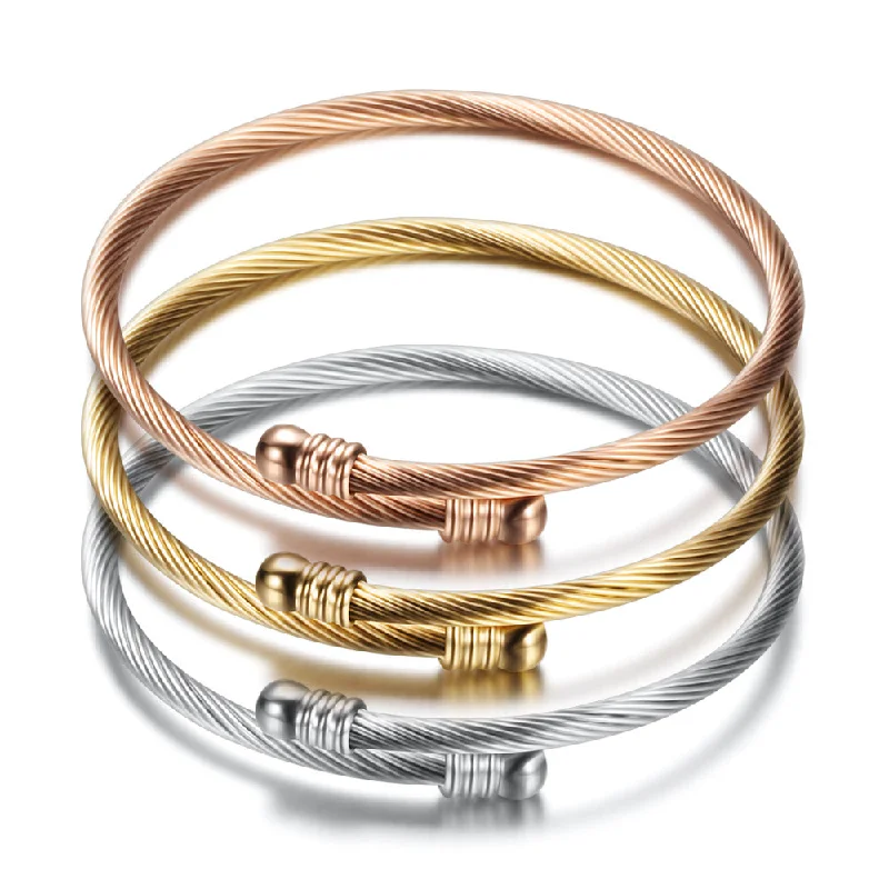 Best bangle bracelets with engraved birthstones for a personalized, meaningful gift-Wholesale Three Color 18K Gold Cable Wire Stainless Steel Bracelet