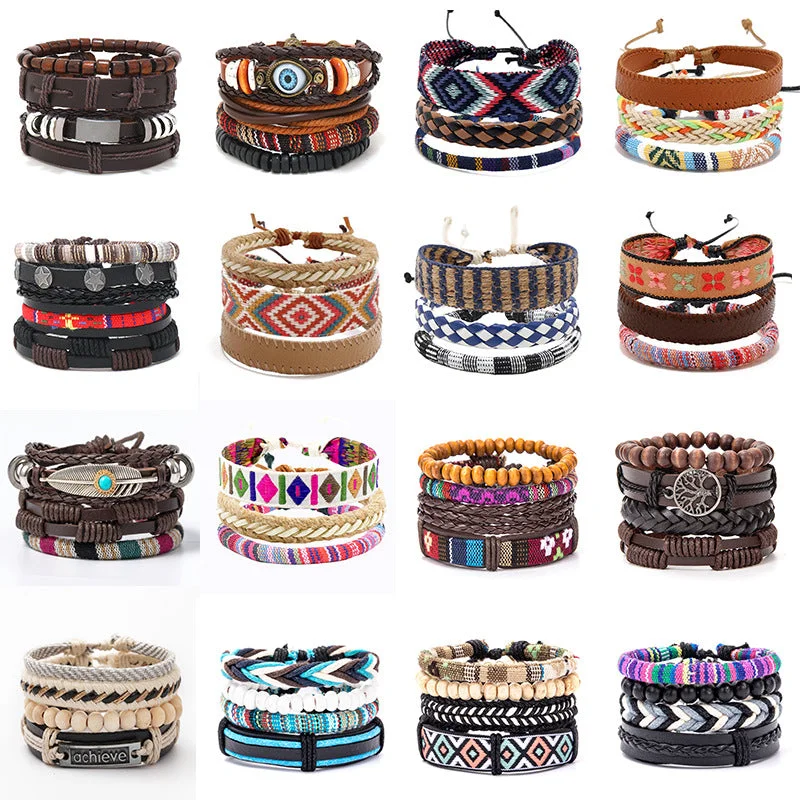 Stackable bangle bracelets with customizable charms for a personalized collection-Wholesale Vintage Multilayer Alloy Wood Bead Leather Bracelet