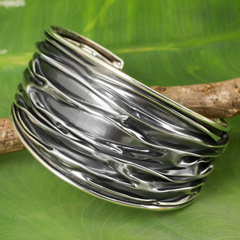 Best bangle bracelets with gold-filled material for an affordable luxury option-Wide River Textured Sterling Silver Cuff Bracelet Crafted by Hand