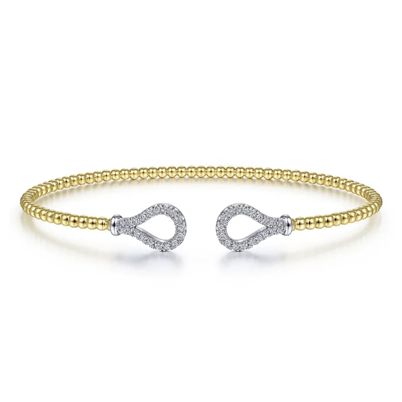 Simple bangle bracelets with open designs for a trendy and minimalist style-Gabriel & Co.- 14K Yellow-White Gold Open Bujukan Bangle with Diamond Teardrops  BG4328-62M45JJ